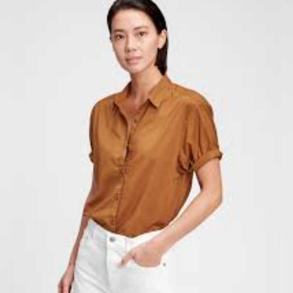 Gap Brown Cuff Sleeve Button Doen Shirt Xs - Picture 2 of 5